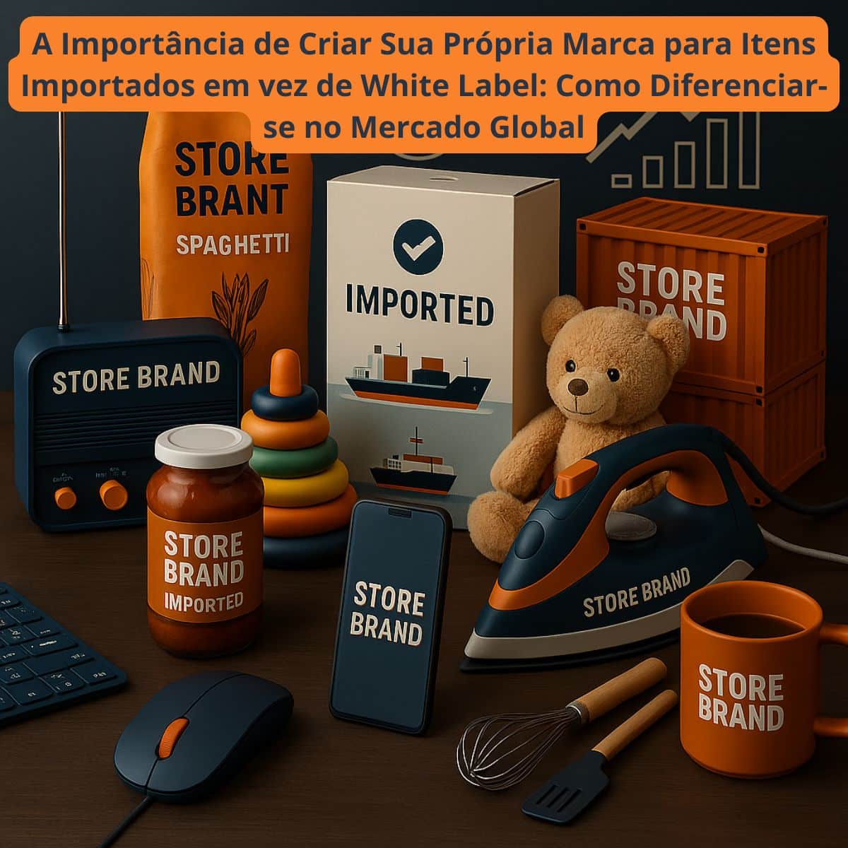 Ilustração destacando a importância das marcas próprias para itens importados, com produtos personalizados, como eletrônicos e utensílios domésticos. Inclui elementos de importação, como navio e contêineres, além de um gráfico de crescimento e ícones de confiança. Paleta de cores laranja, azul escuro e branco