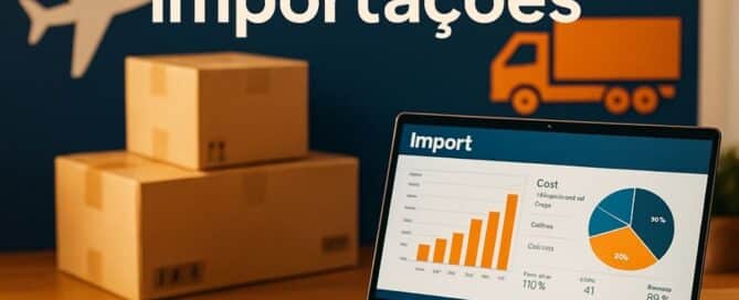 Imagem de uma mesa de escritório com documentos de importação, como invoices e air waybills. Um laptop exibe gráficos de importação. Ao fundo, caixas e símbolos de transporte internacional, como aviões e caminhões. Paleta de cores laranja, azul escuro e branco, criando um ambiente profissional e acolhedor. Frases como "Simplifique suas importações" estão incluídas.
